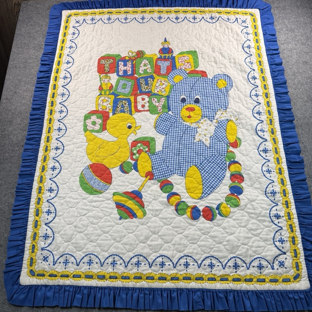 Vintage Teddy and Baby White Crib Blanket Quilted Teddy Bear Duck 34 X 44